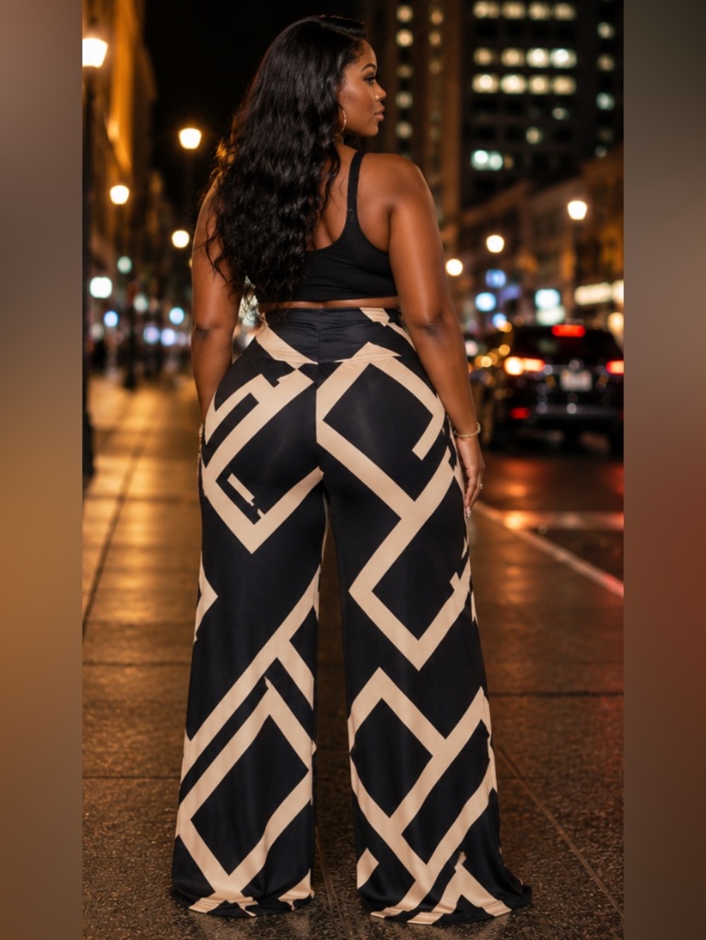 Arolina Patterned Stretchy High Waist Wide Leg Palazzo Pants in Black & Tan - Picture 2 of 9